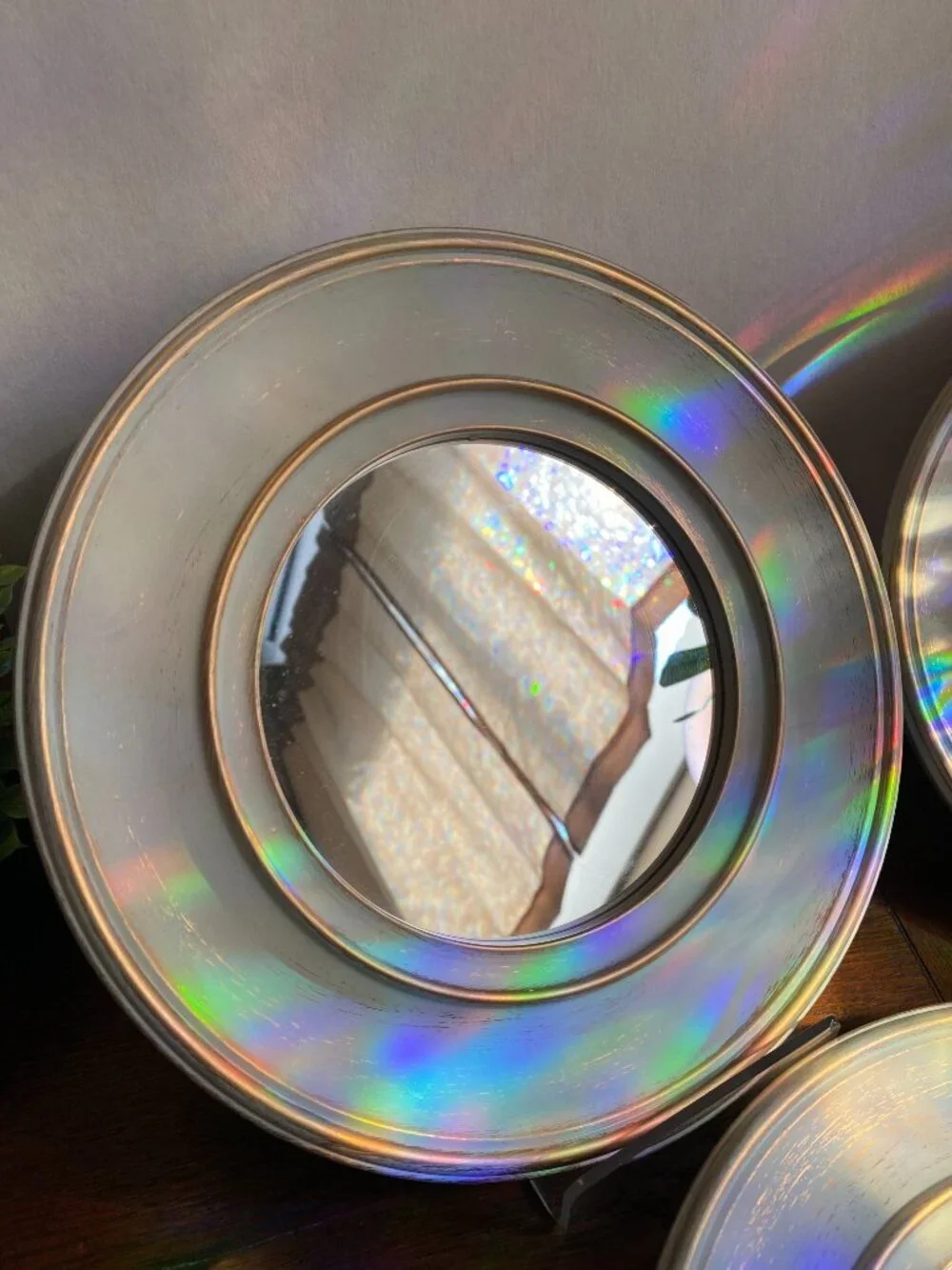 3 Round Porthole-style Accent Mirrors Wide Light Blue Brushed Finish w/Gold